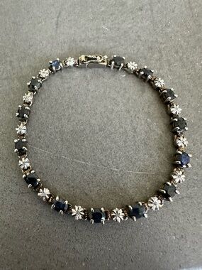 Vintage Sterling Silver Sapphire & Diamond Chip Tennis Bracelet